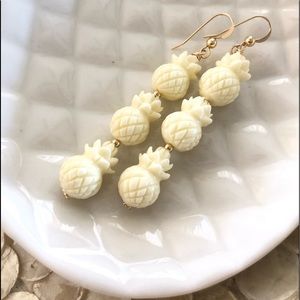 Carved resin pineapple earrings all made in 14k gold filled wires.